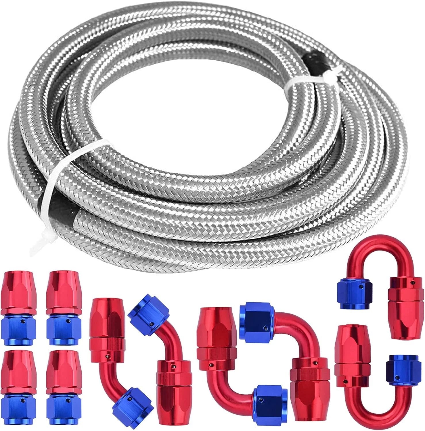 8AN Stainless Steel Nylon Braided Oil Fuel Line Hose 20FT with Swivel Fittings