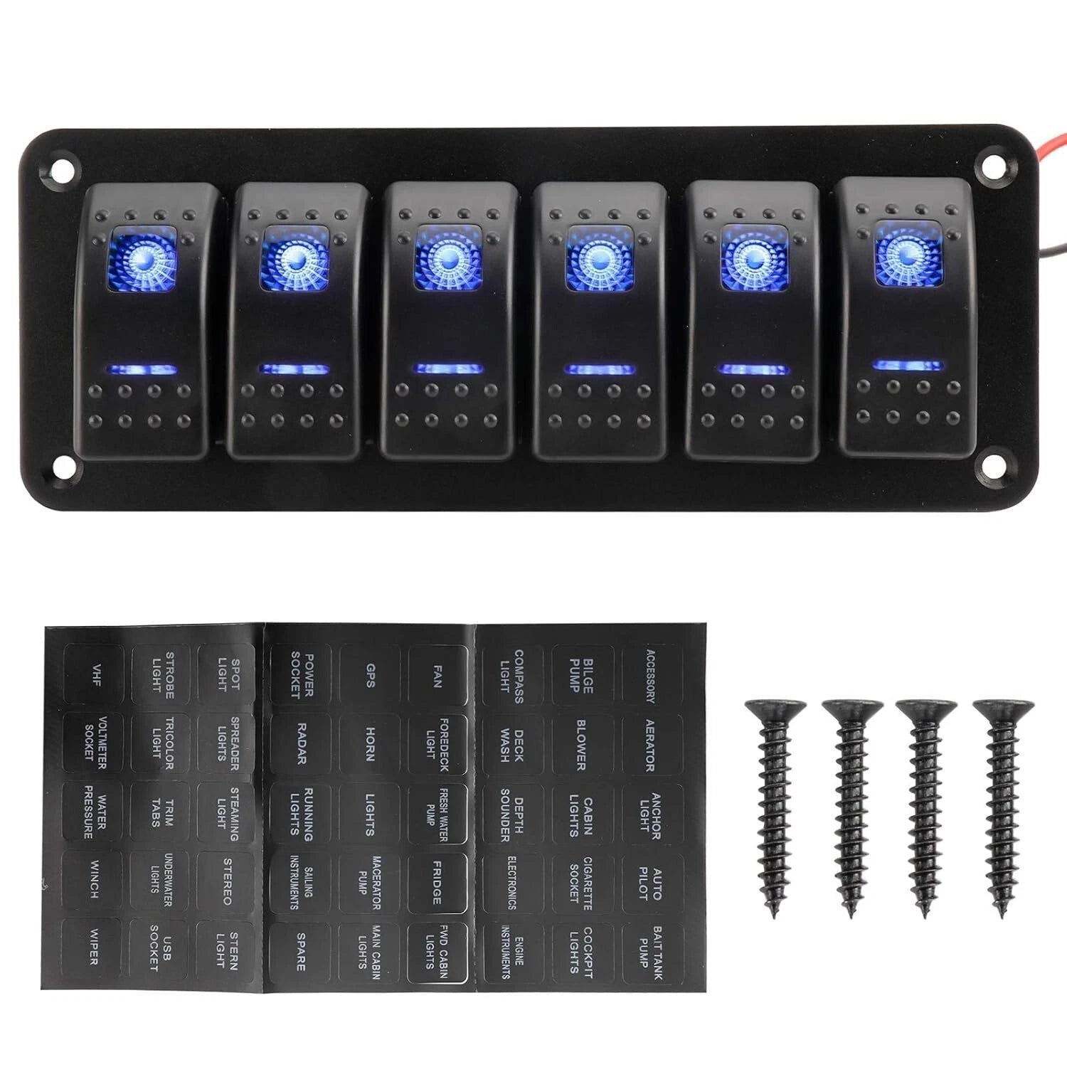 6 Gang Rocker Switch Panel for RV Car Boat Marine (12V/24V) - Blue LED