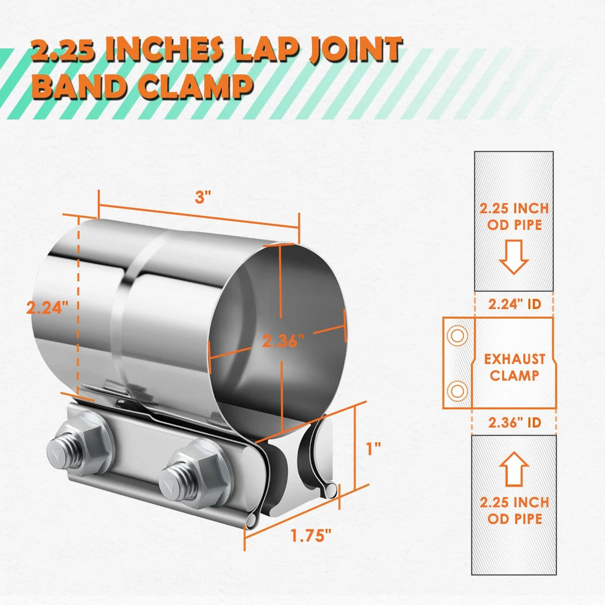 2X 2.25" Stainless Steel Catback Exhaust Lap Joint Band Clamps for