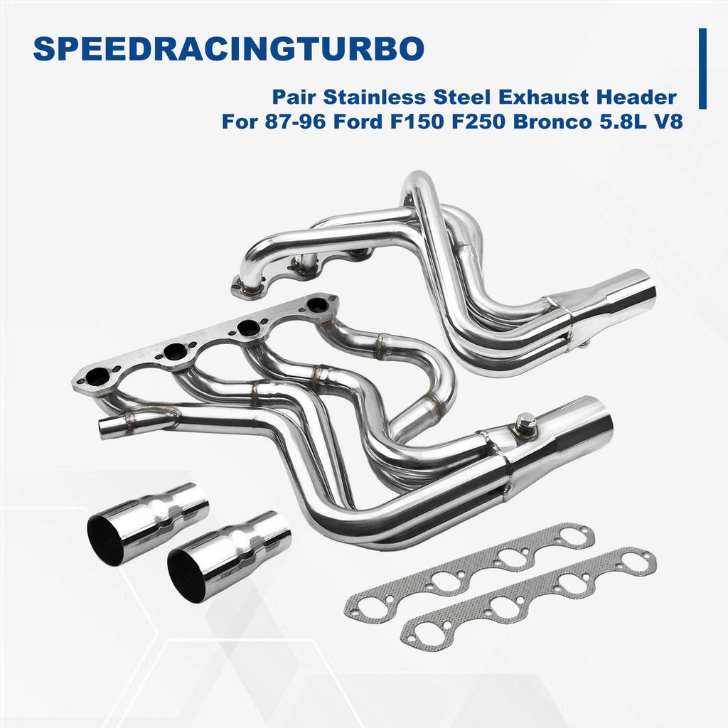 Pair Stainless Steel Exhaust Headers for Ford F150 F250 Bronco (1987–1996)