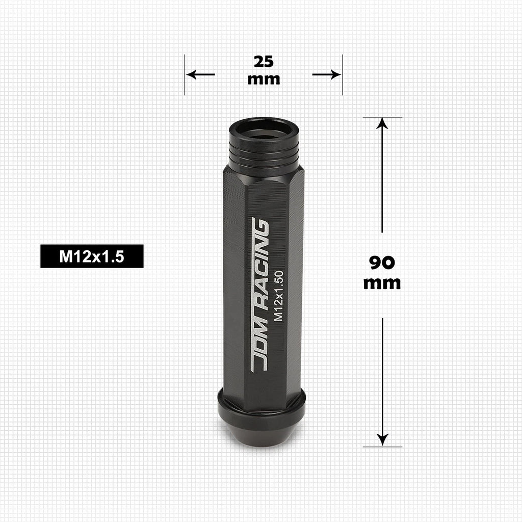 20Pc M12X1.5 Black JDM Open End Conical Wheel Lug Nuts + Extension 25mm