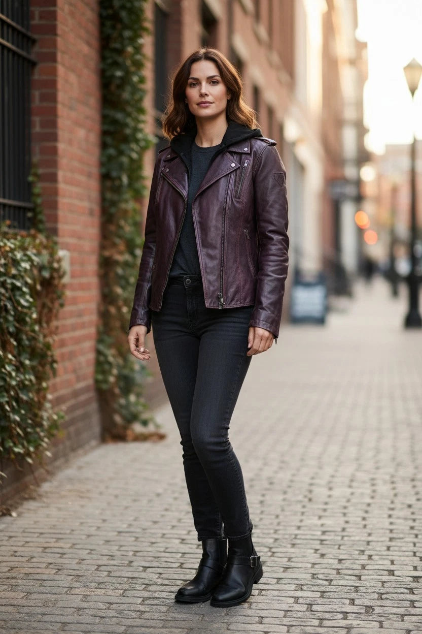 3X Purple Lambskin Leather Motorcycle Jackets for Women (Medium)