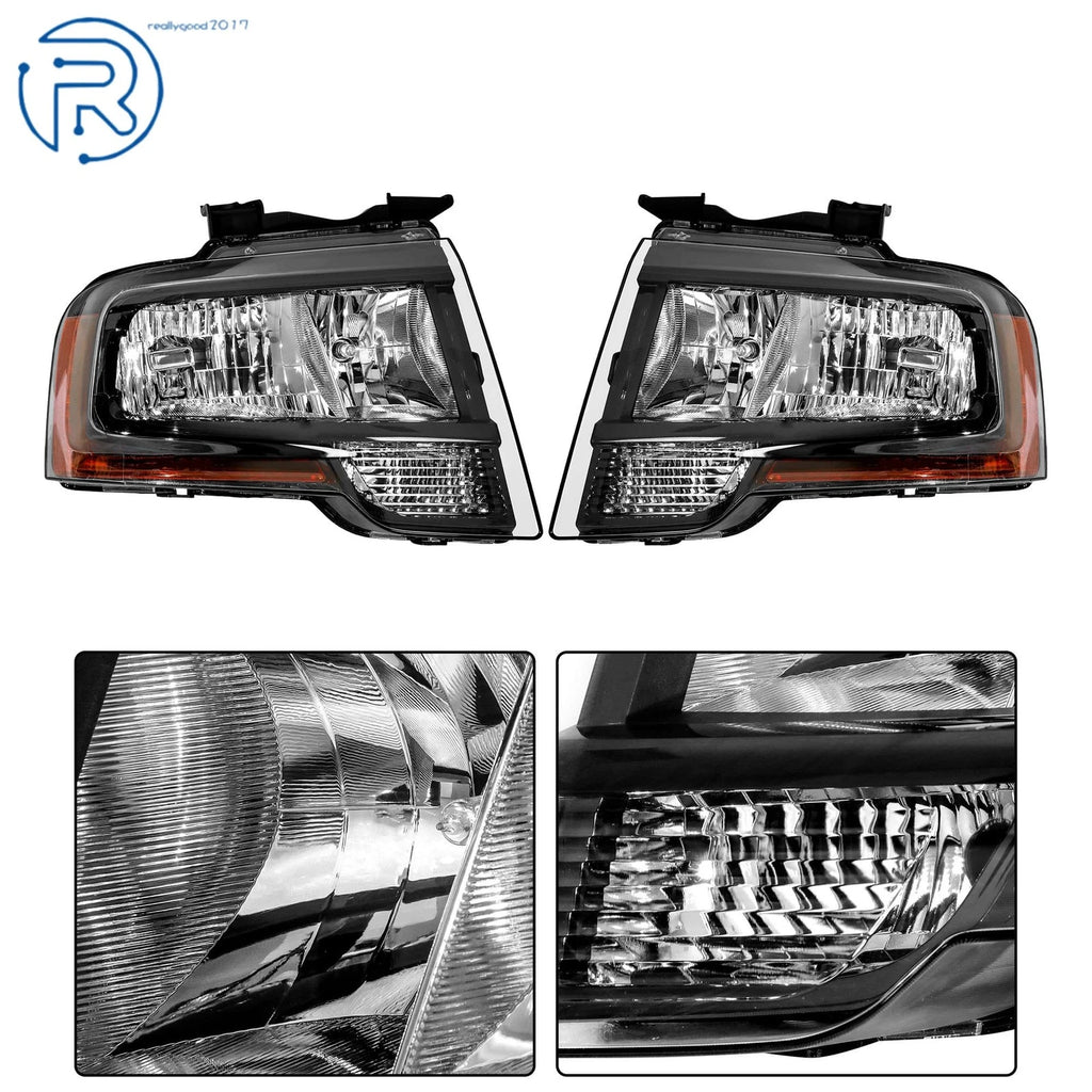 Set of 2 Black Halogen Headlights for Ford Expedition (2015–2017)