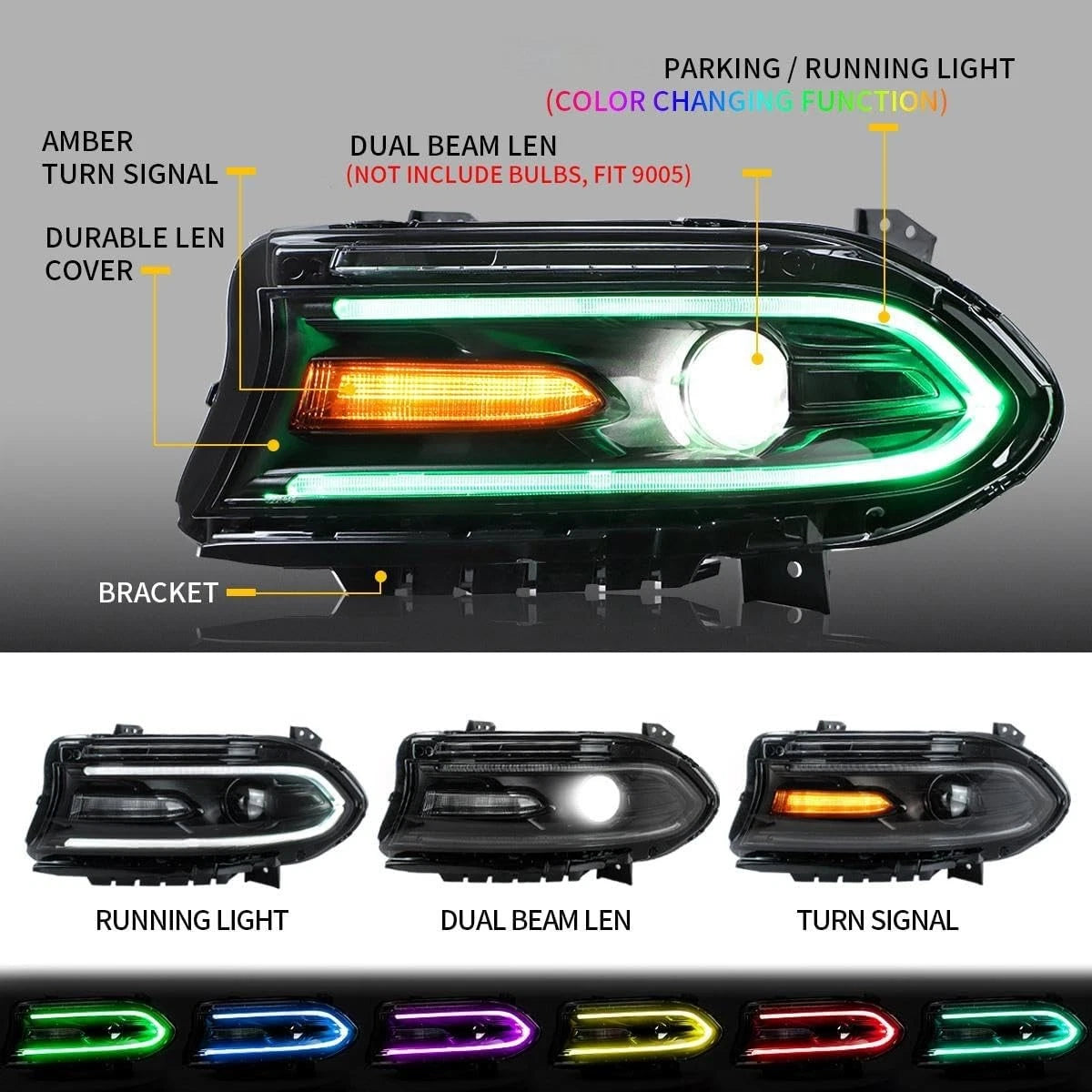 LED Projector Headlights for Dodge Charger (2015–2021) RGB Color Change L+R