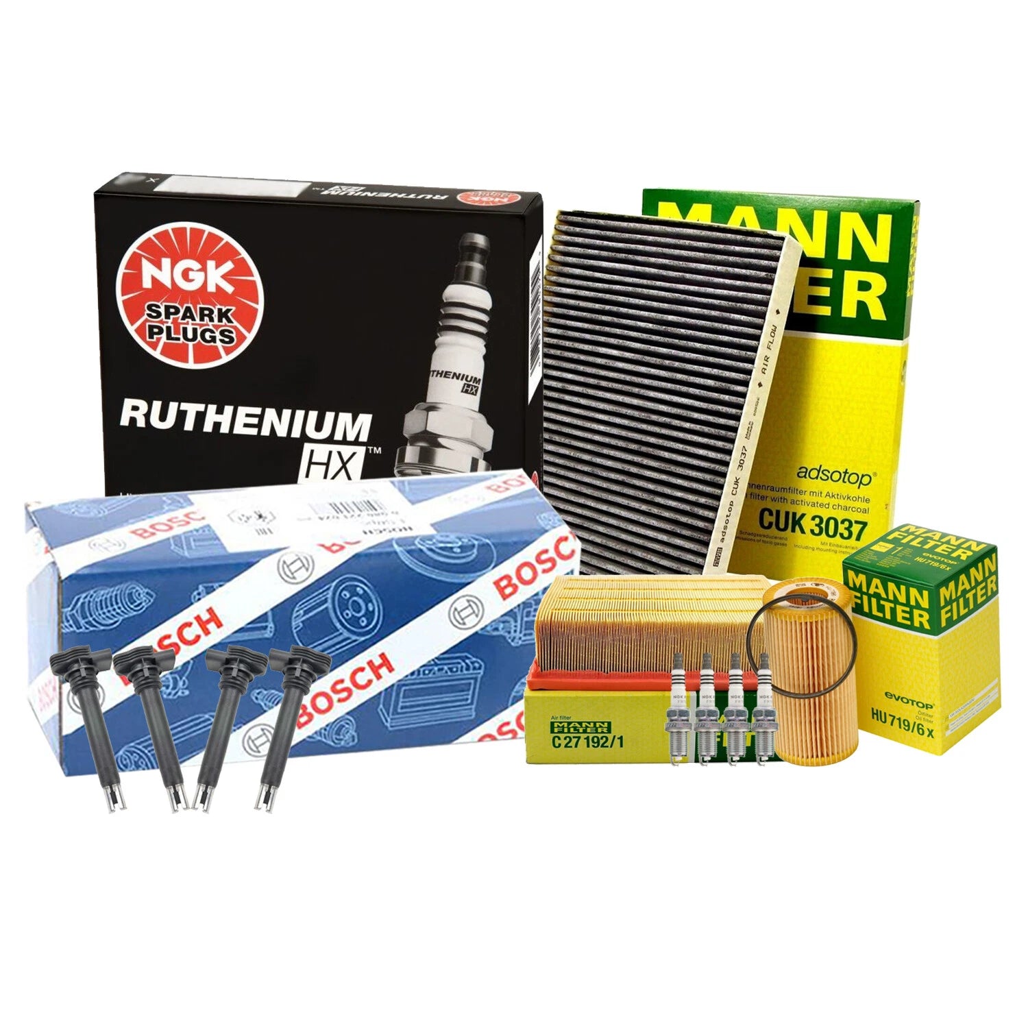 Set of 4 Mann Filters, 4 Bosch Coils, 4 NGK Ruthenium HX Spark Plugs for Audi