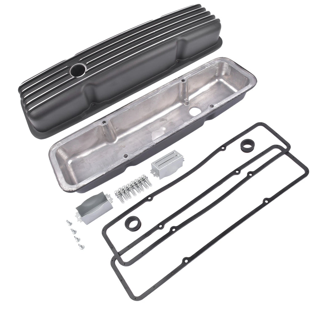 Black Aluminum Finned Short Valve Cover for Small Block Chevy 305 327 (1958–1986)