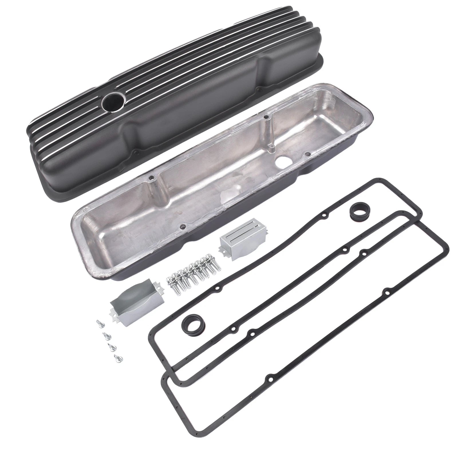 Black Aluminum Finned Short Valve Cover for Small Block Chevy 305 327 (1958–1986)