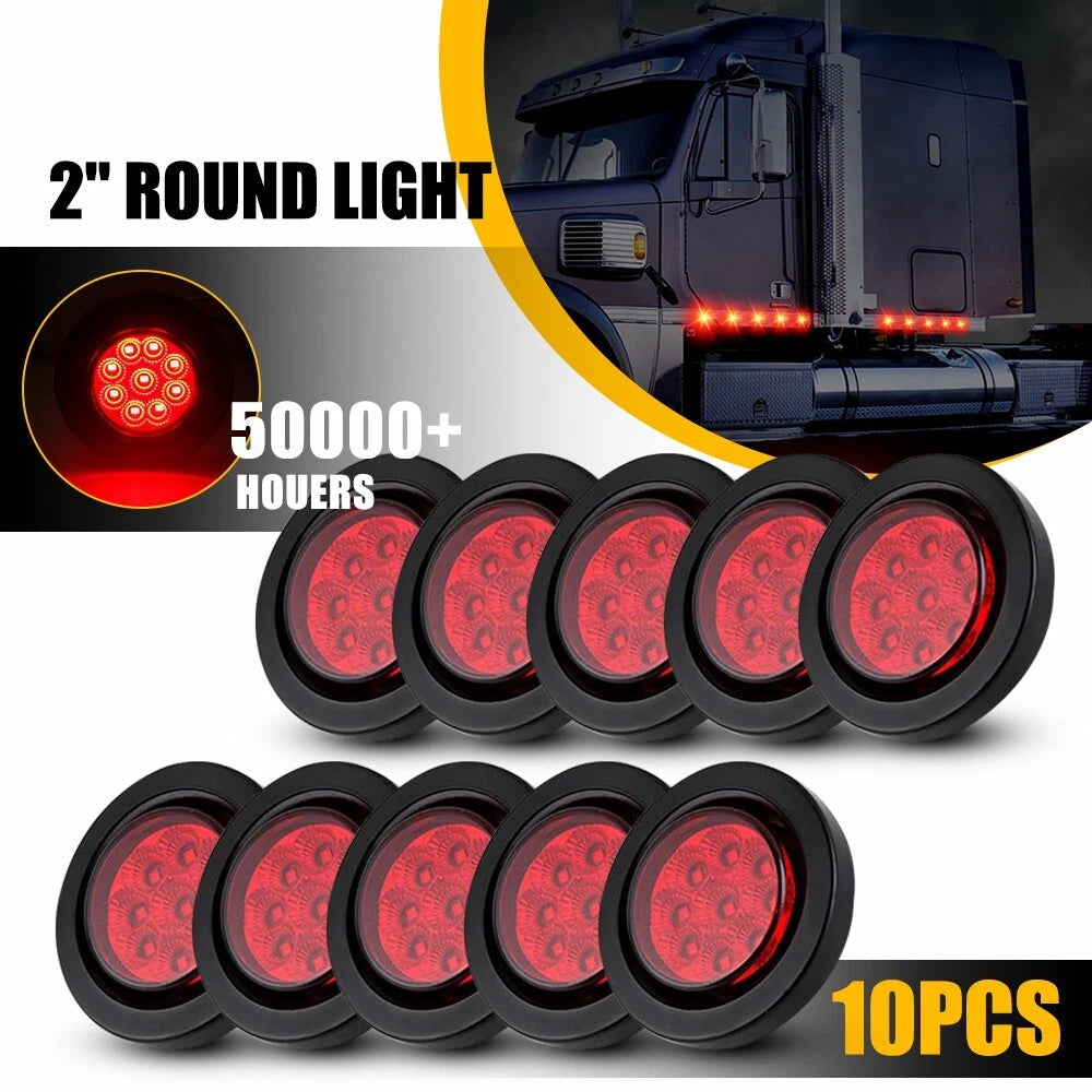 10pcs 2 Inch Round Red 9 LED Clearance Side Marker Lights for Trailer Truck (12V)