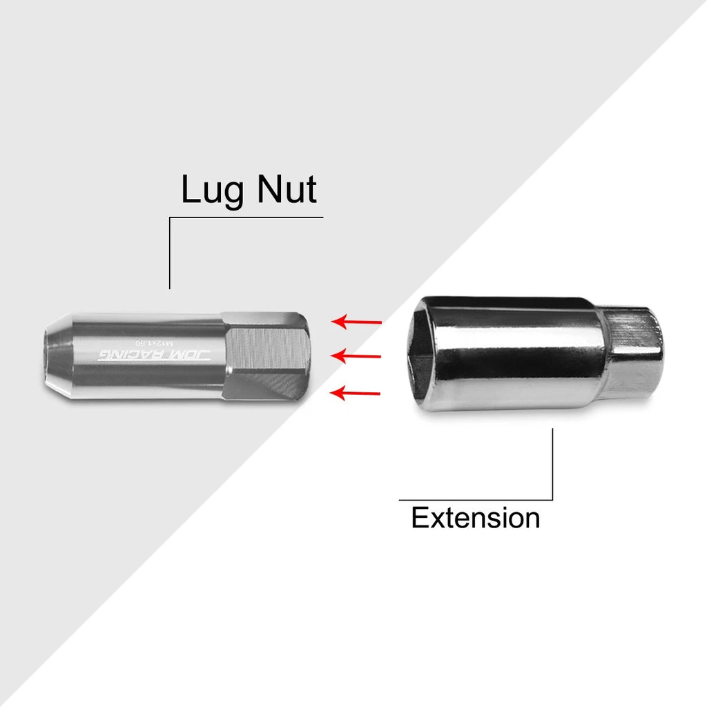Set of 20 M12X1.5 Silver JDM Open-End Acorn Hex Wheel Lug Nuts + Extension 25mmx60mm