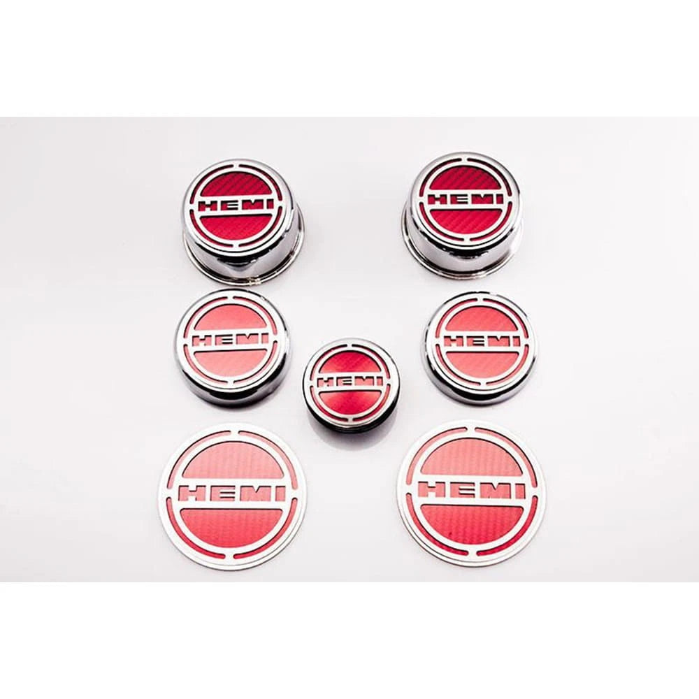 Chrome Cap Covers w/Sublime Green Vinyl 'HEMI' Inlay for 2008-19 Challenger 6.1L