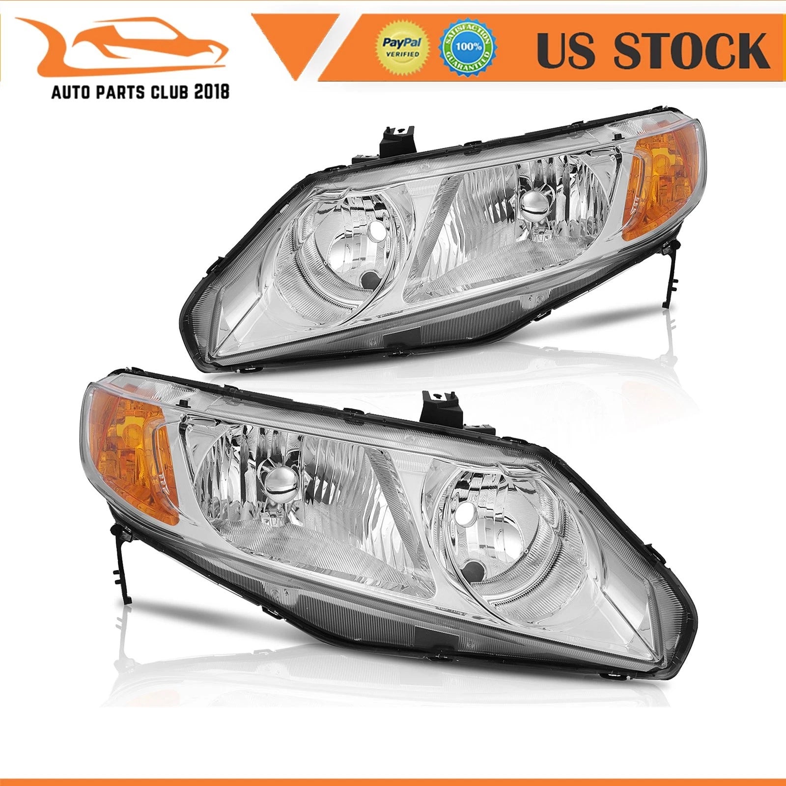 Headlights Pair for Honda Civic 4Dr Sedan (2006–2011) Chrome Housing
