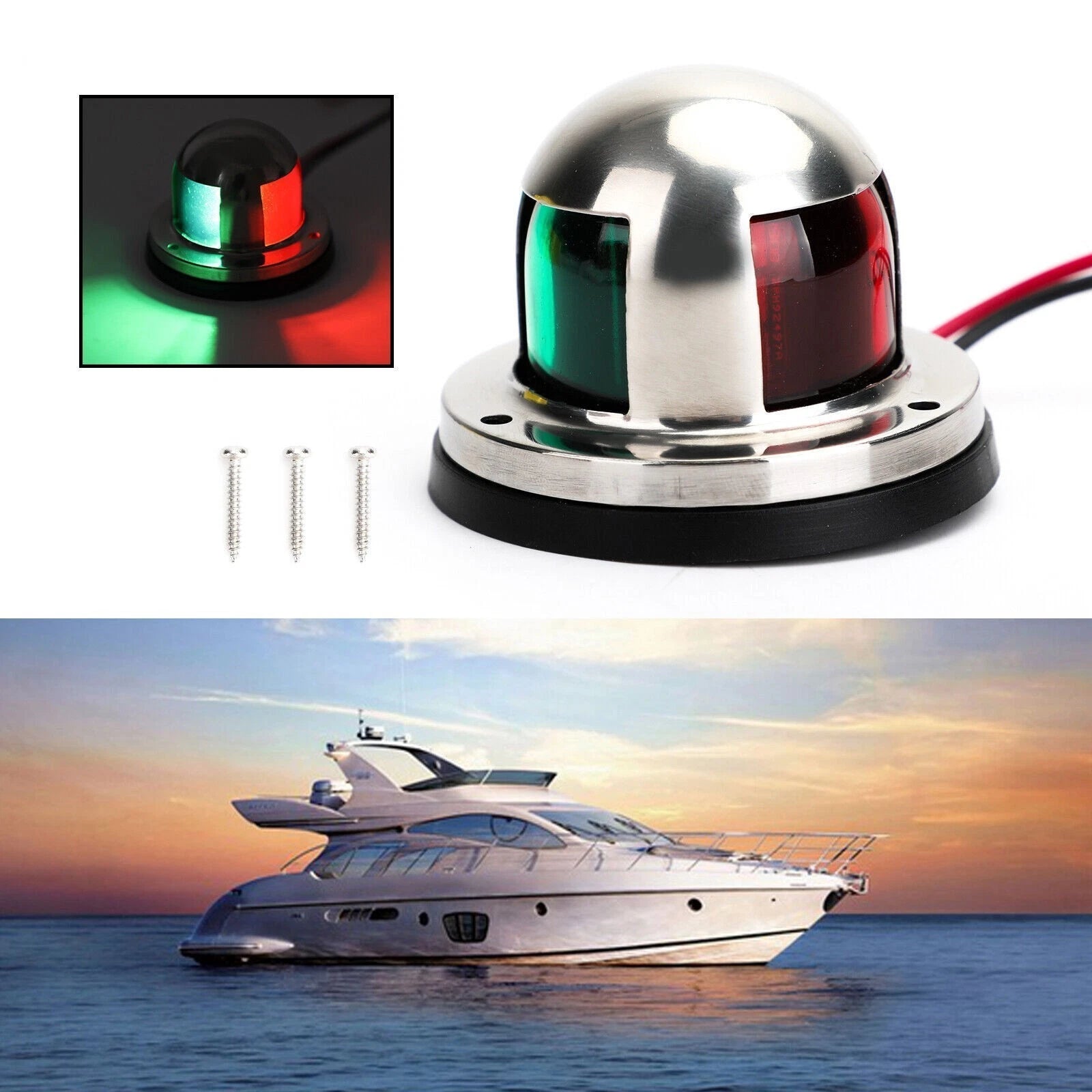 2X LED Stainless Steel Bi-Color Bow Navigation Light for Marine Boat Yacht