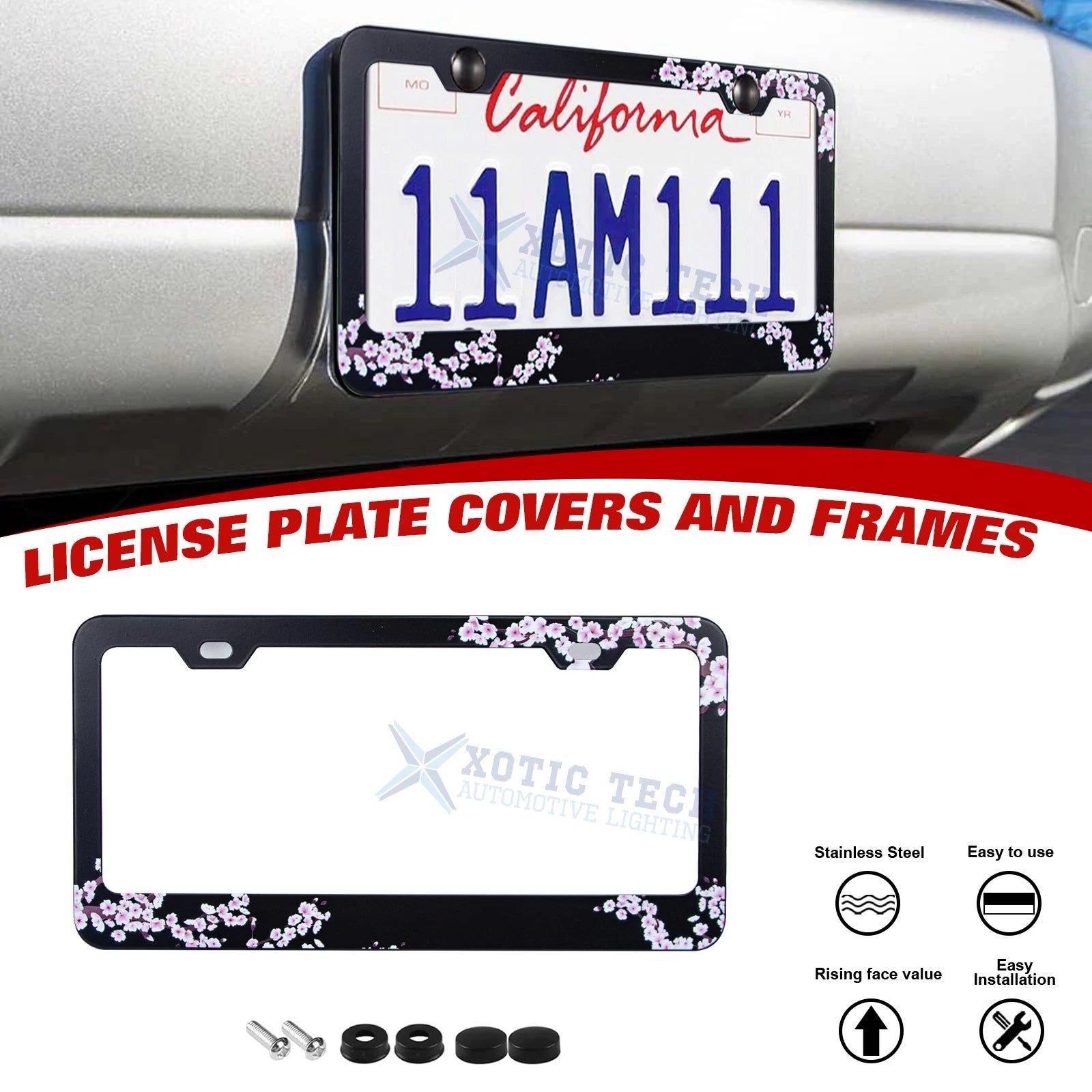 Flowers Floral Pink License Plate Frame Decoration for Standard Size 12x6 (-)