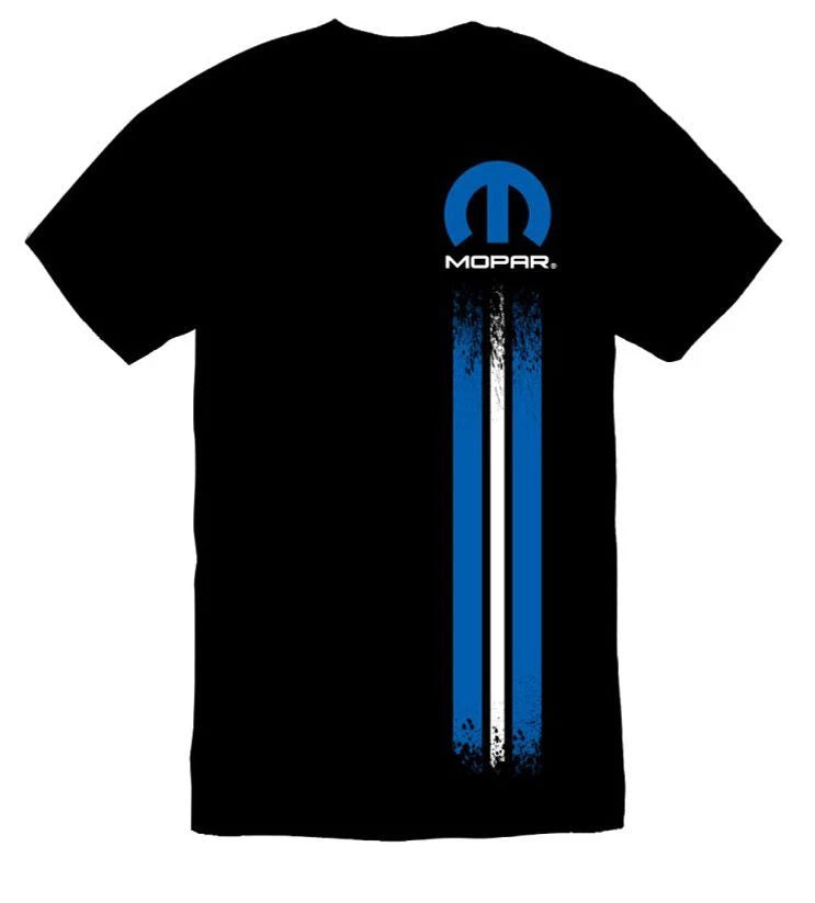 Licensed Mopar T Shirt with Blue White Left Stripe Logo for Dodge (2005–2010)