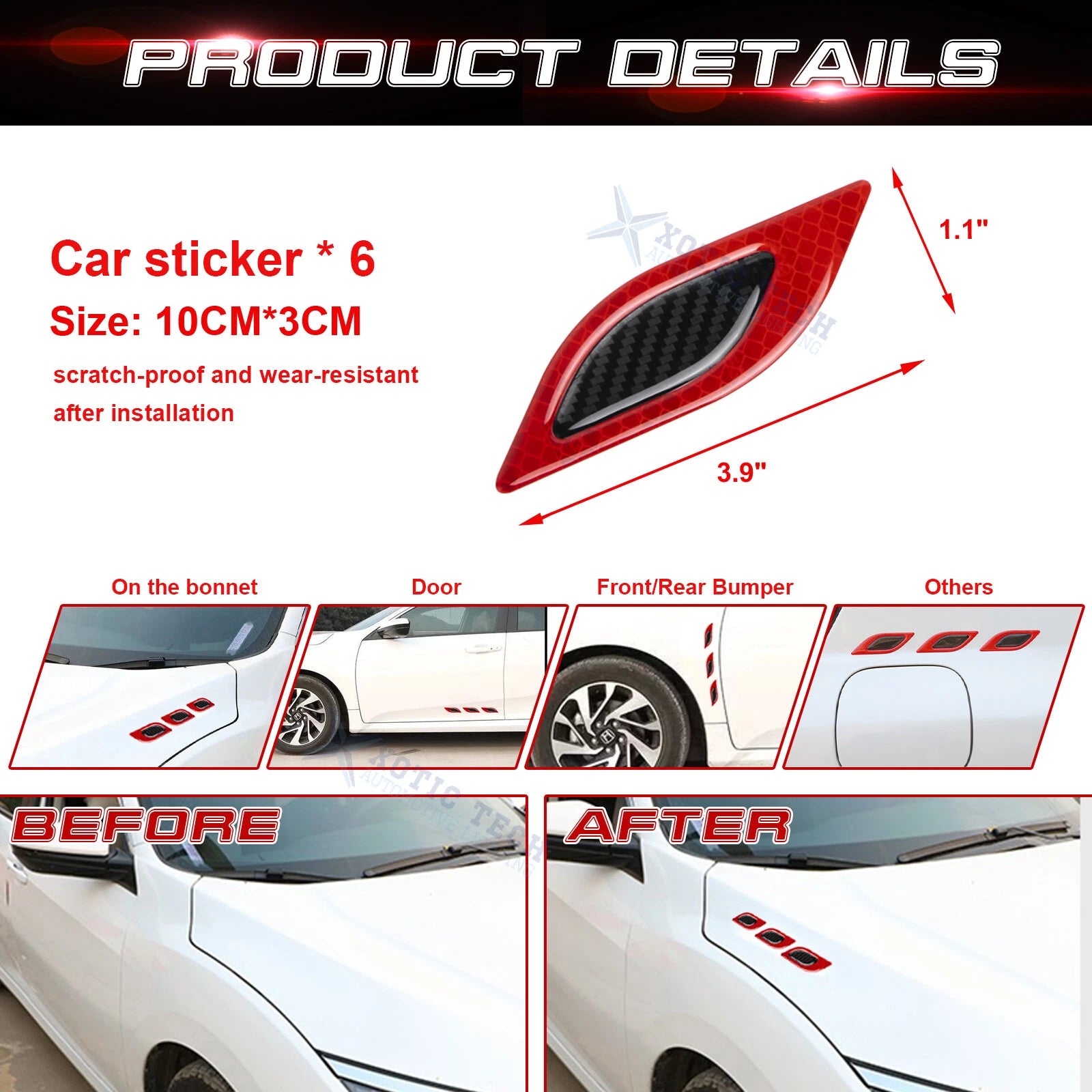 Red 3D Carbon Fiber Night Reflect Car Vent Edge Bumper Decal (---)