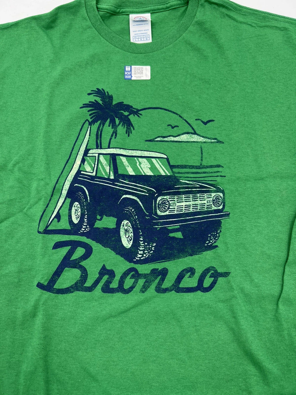Ford Bronco T Shirt Green Beach Scene Script Logo Emblem for (1966–2024)
