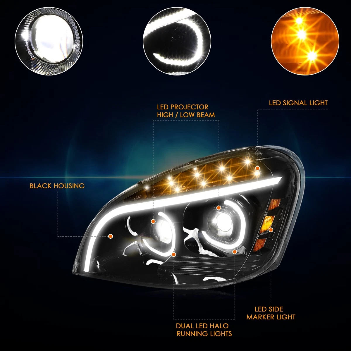 3D LED Bar C-Shape Halo DRL Projector Headlights for Freightliner Cascadia (2008–2017)