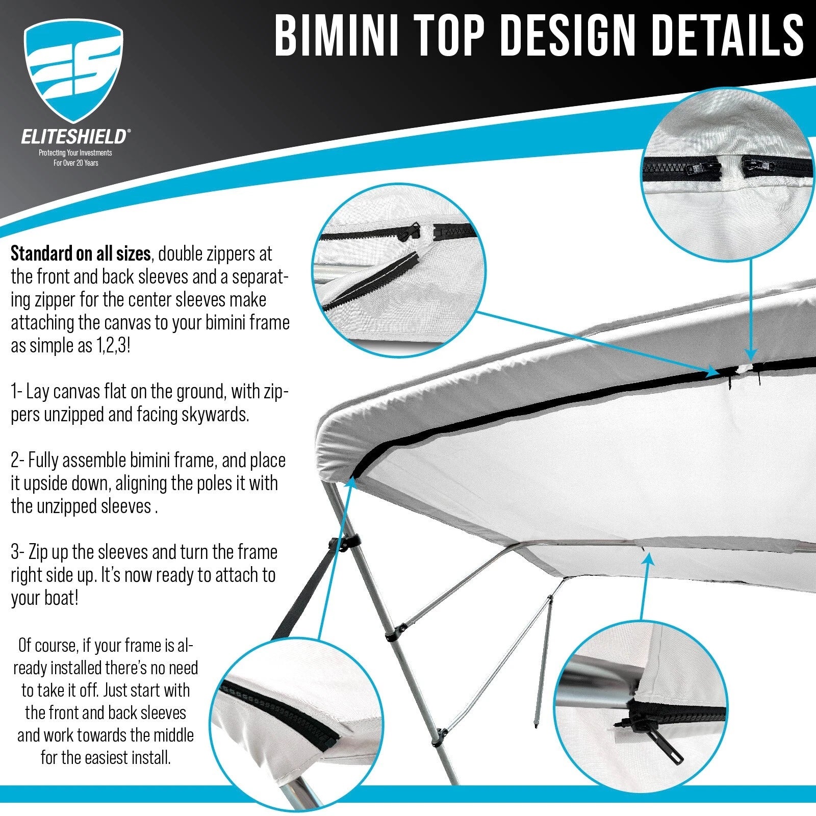 Bimini Top Boat Cover for 4 Bow (96"L x 54"H x 54"-60"W)
