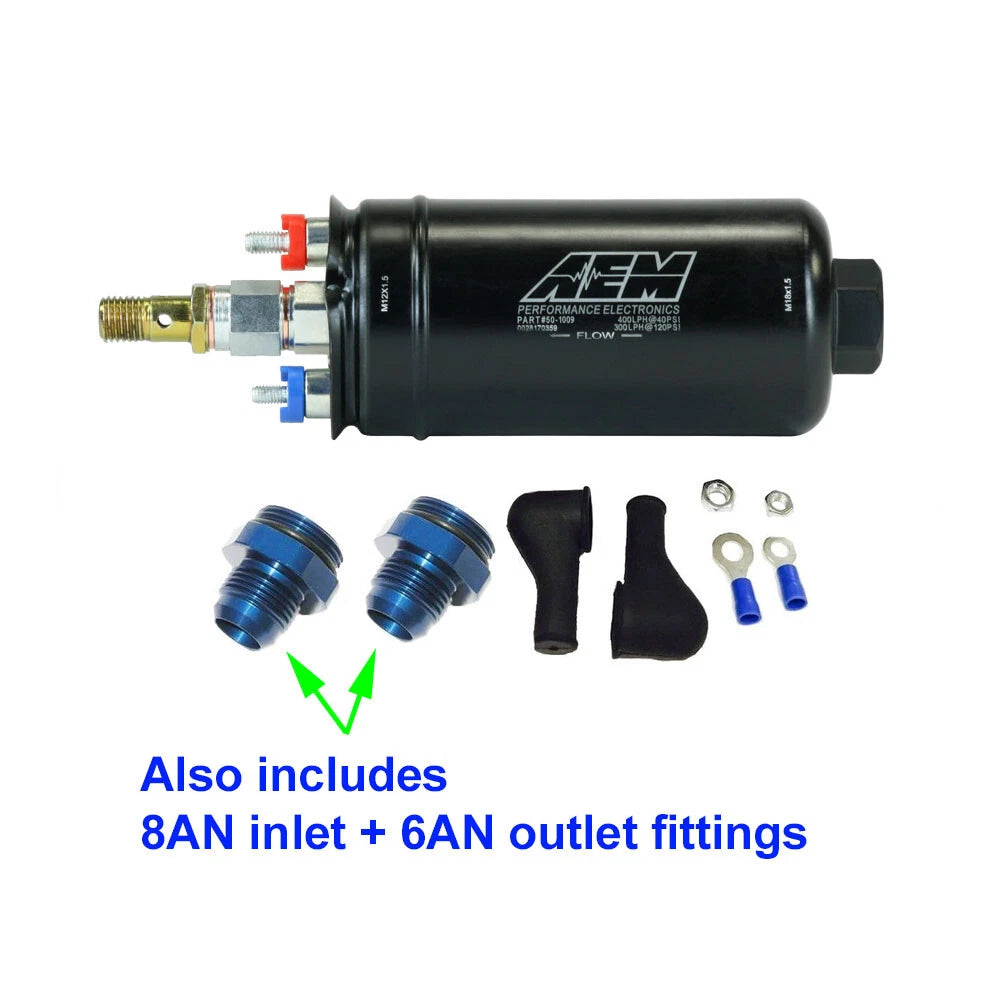 AEM 400LPH Fuel Pump for Metric Vehicles + 8AN Input / 6AN Output