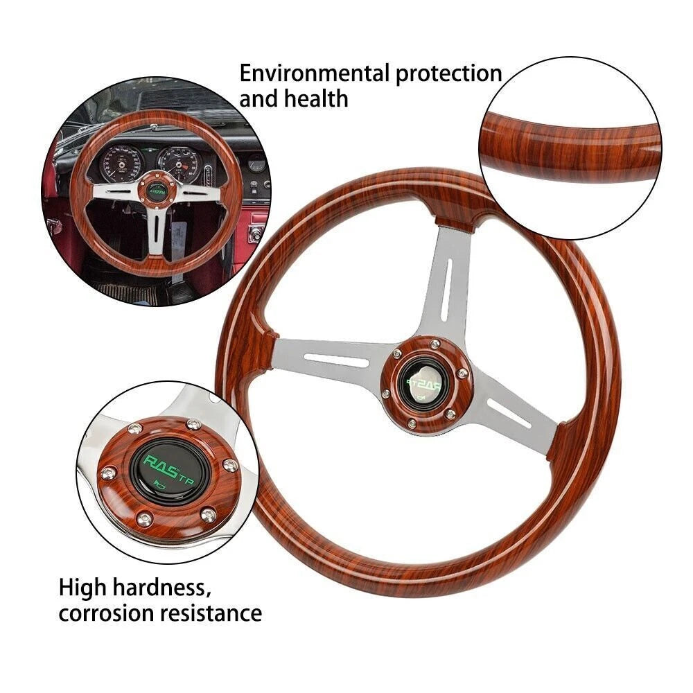 14'' Wooden Steering Wheel for Universal Fit (Wood Grain, Chrome Spoke)