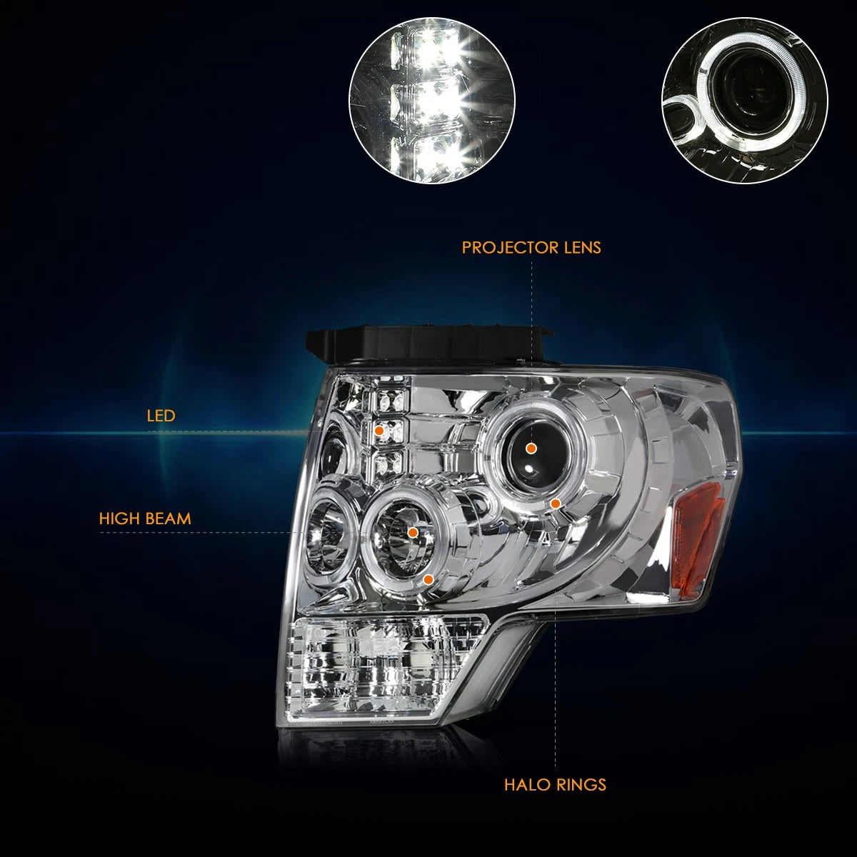 LED Halo Ring Projector Headlight for Ford F-150 (2009–2014) Chrome Housing