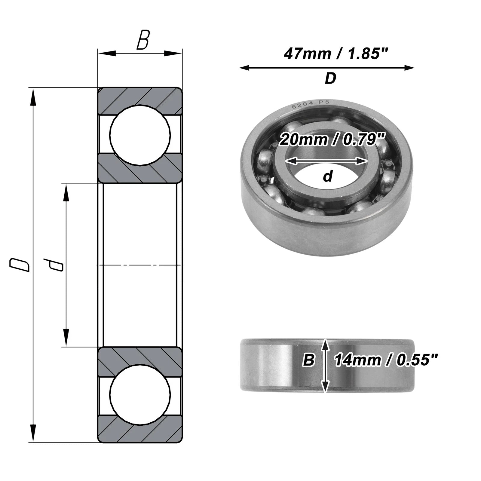 6204 Deep Groove Ball Bearings for Scooter Skateboard Wheel (20x47x14mm)