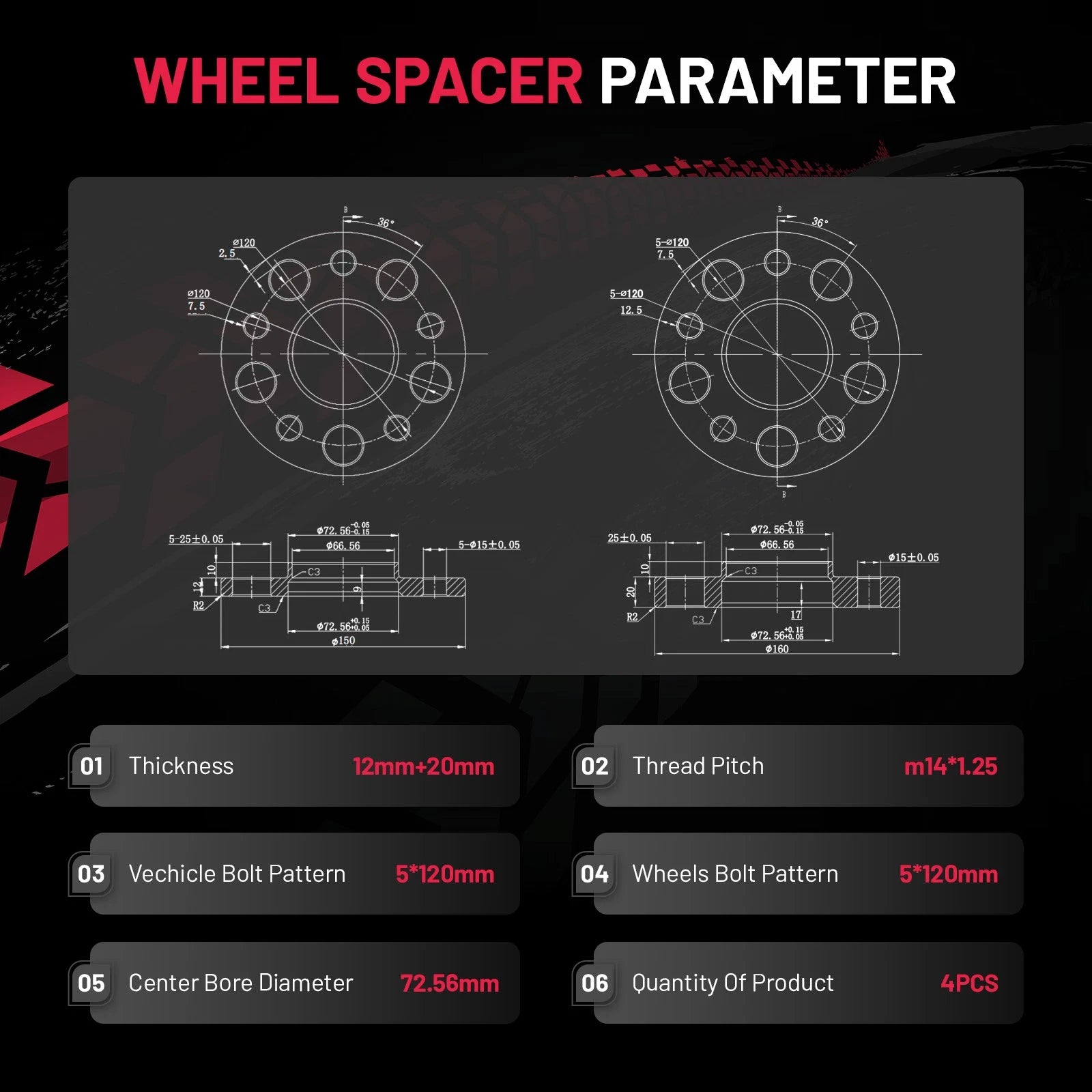 2PC 12mm & 2PC 20mm Hubcentric Wheel Spacers for BMW 760Li (2008-2014)