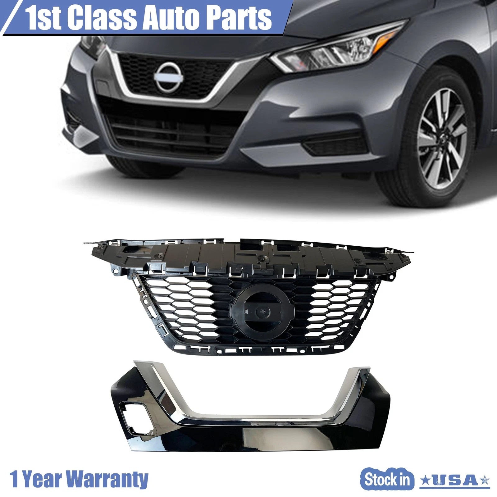 Set of 2 Front Upper Grille with Lower Trim Chrome for Nissan Versa (2020–2021)