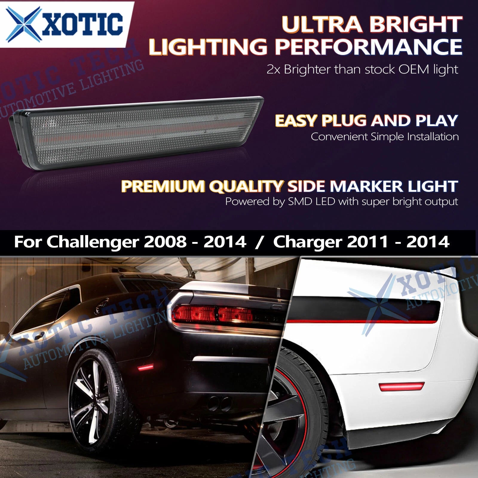 Smoked Red LED Rear Side Marker Light for Dodge Charger 2011-2014 & Challenger 2008-2014