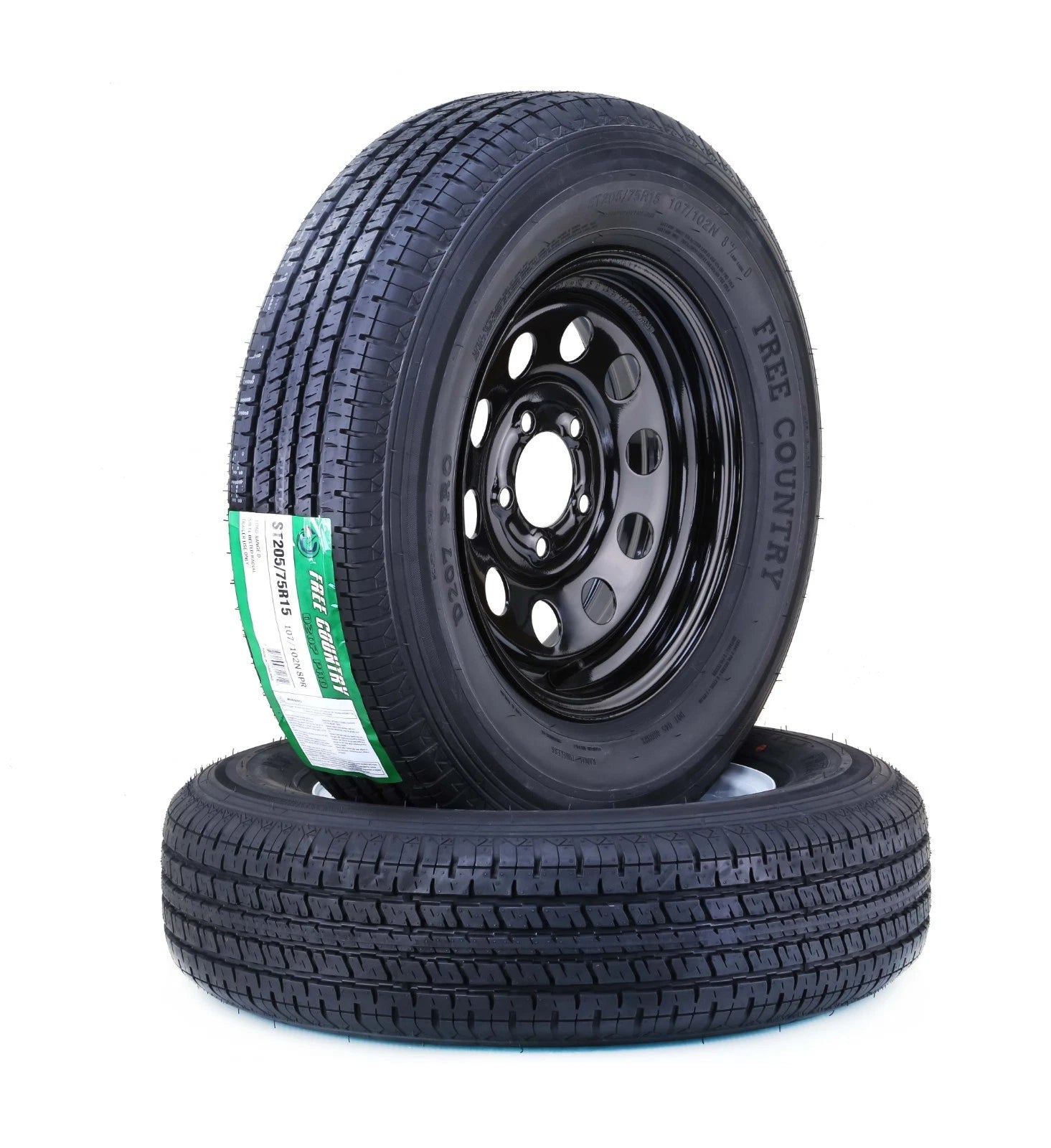 2 Free Country ST205/75R15 8-Ply Trailer Tire Rims 5 Lug x 4.5" Black Mod