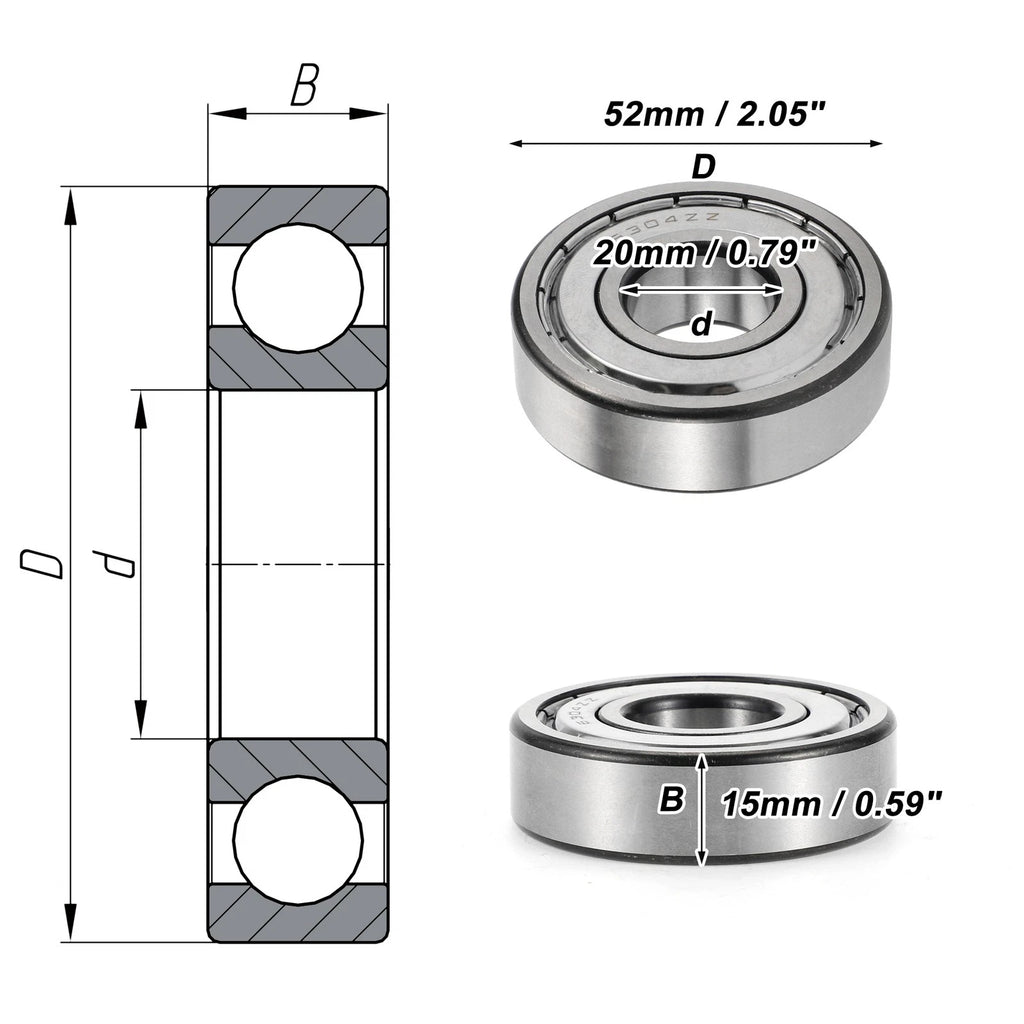 6304ZZ Deep Groove Ball Bearing for Scooter Skateboard Wheel (20x52x15mm)