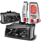 Set of 2 Black/Clear Corner Headlight & Chrome 3D LED Tail Light for Silverado (2003–2007)