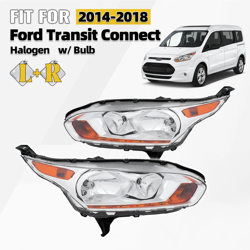 Set of 2 Halogen Headlights for Ford Transit Connect (2014–2018) Chrome w/ Bulb