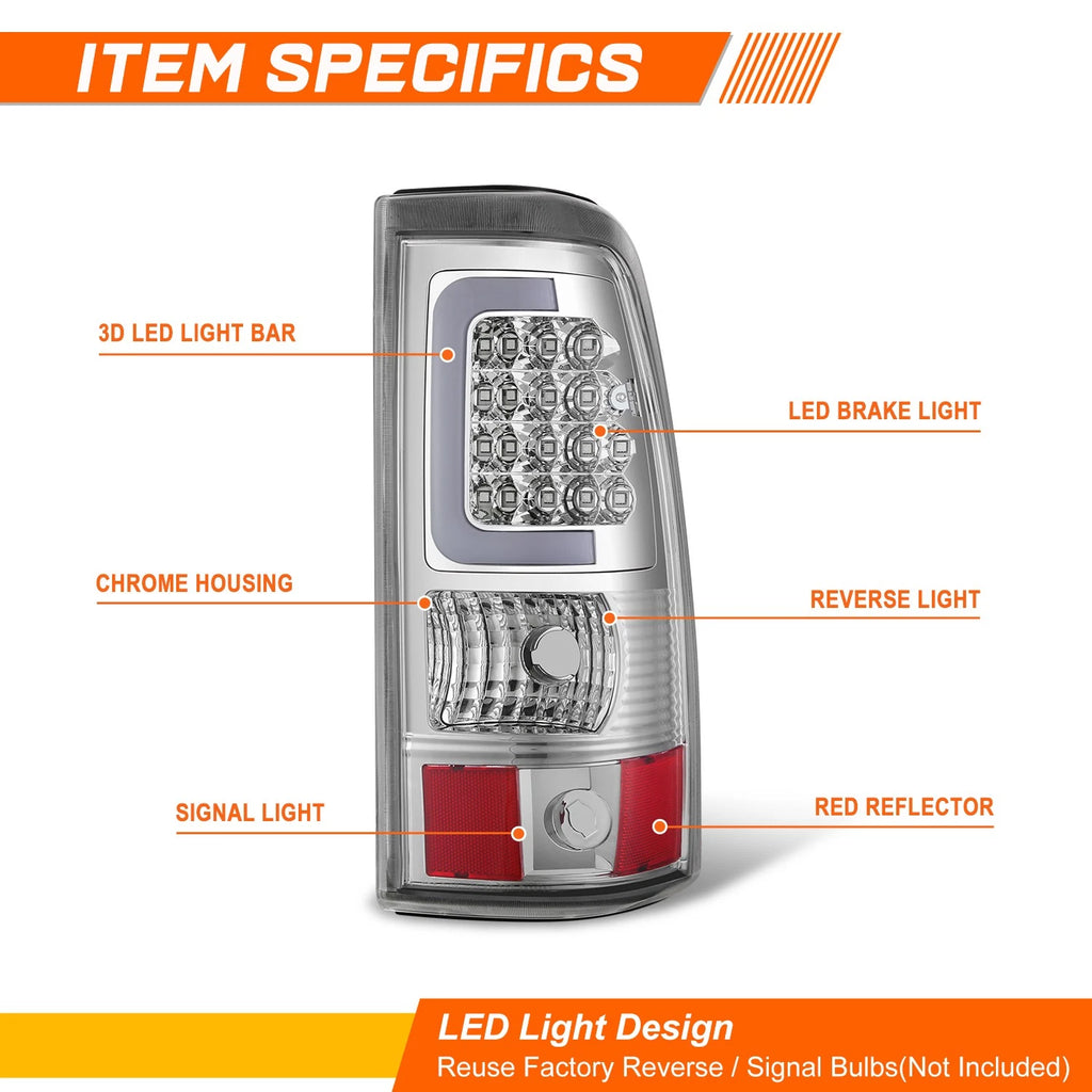 3D LED C-Bar Tail Light for Chevy Silverado (2003–2007) Chrome