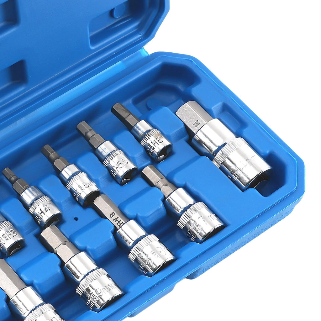 13Pc Hex Bit Socket Set for Metric Vehicles (1/4, 3/8, 1/2 Drive, 2mm-14mm)