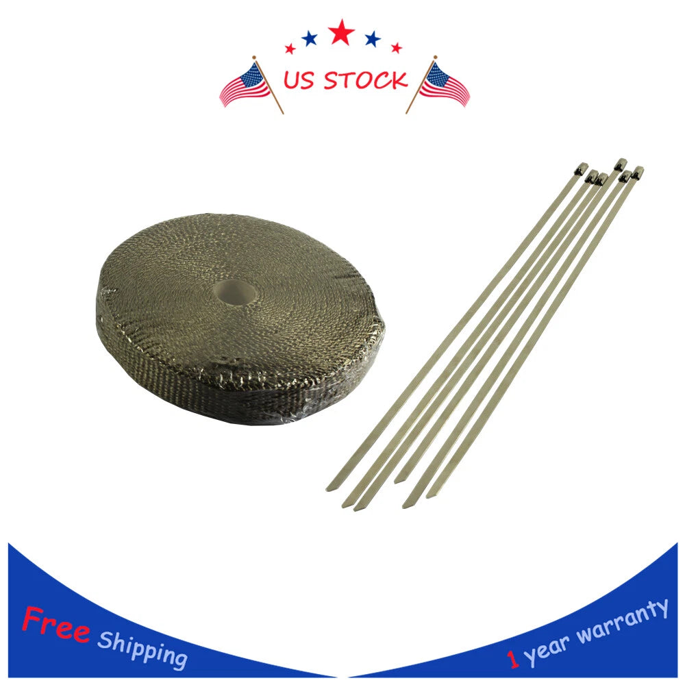 6 Ties Kit 1" x 50ft Titanium Exhaust Heat Wrap Tape for Automotive Use
