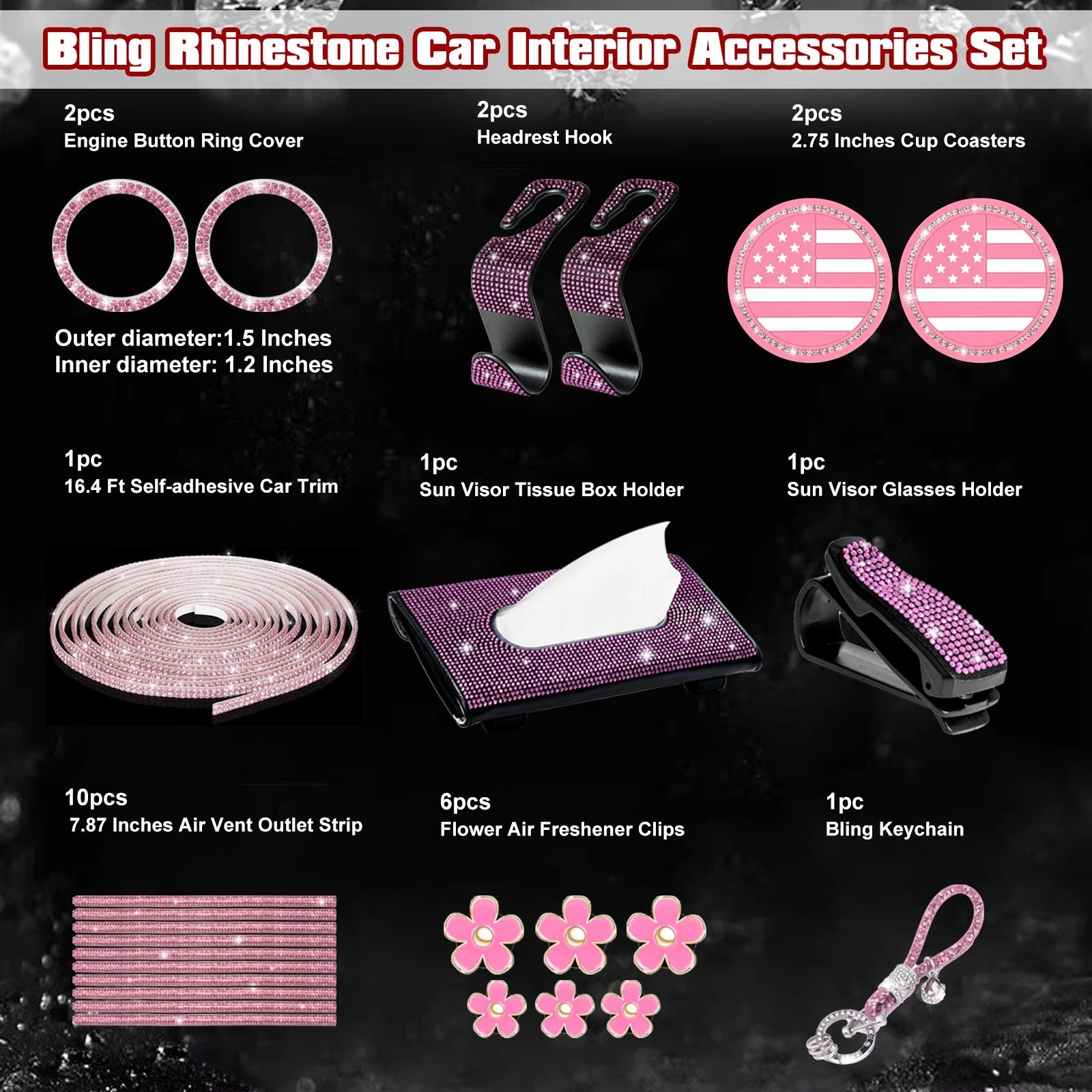 Rhinestone Car Interior Decor Set for Women Girls for All Makes (-)