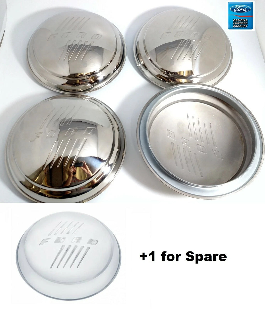 Stainless Hubcaps with Ford Logo Script for 1946 Ford Passenger Car (Set of 5)