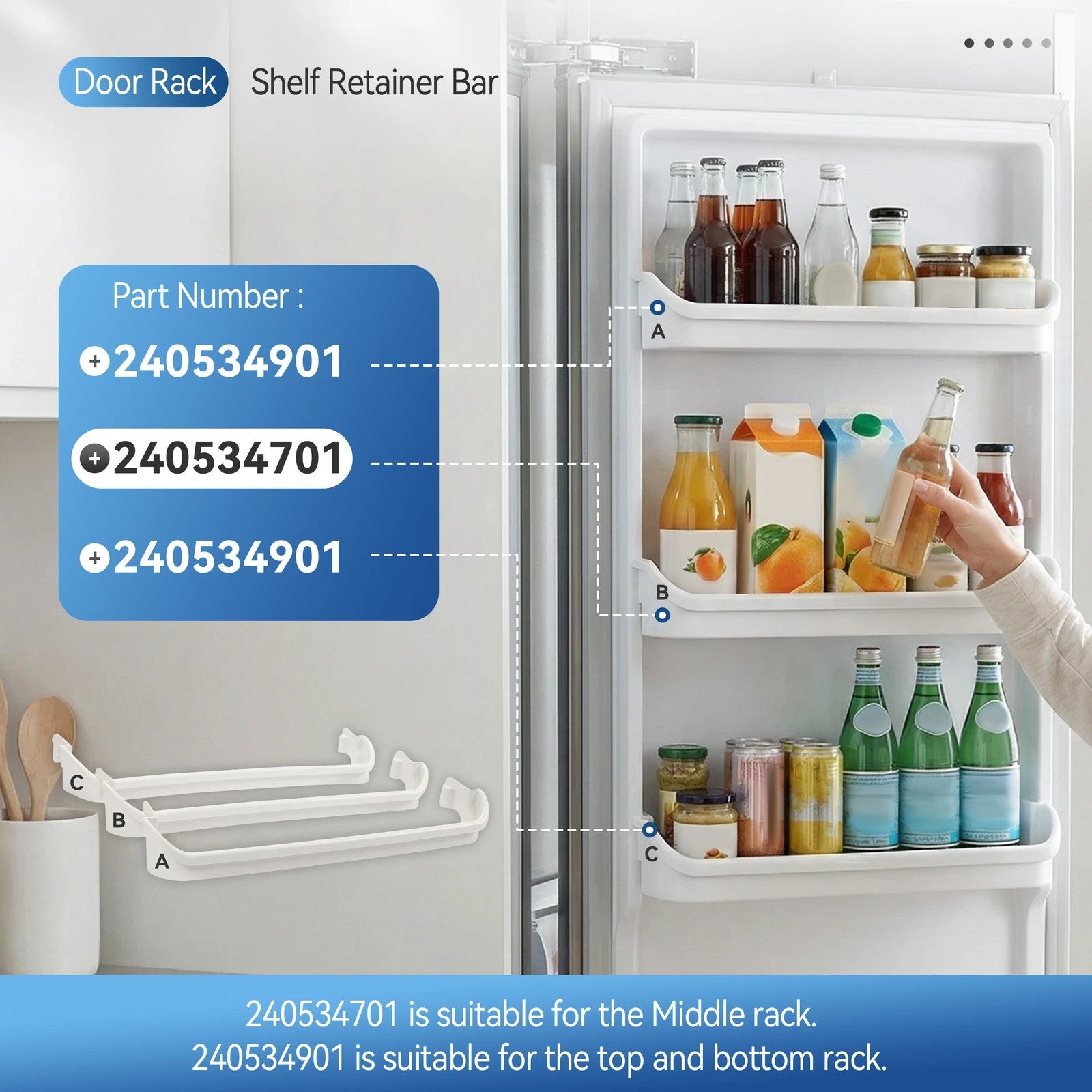 3PC Door Rack Shelf Retainer Bar for Frigidaire Refrigerator (240534701, 240534901)
