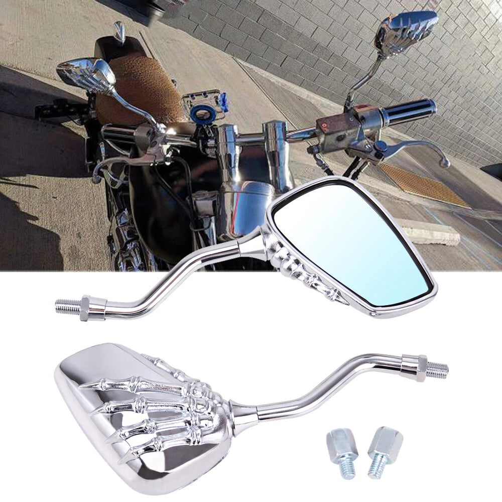 Universal Chrome Skeleton Skull Hand Rear View Side Mirrors 8MM 10MM
