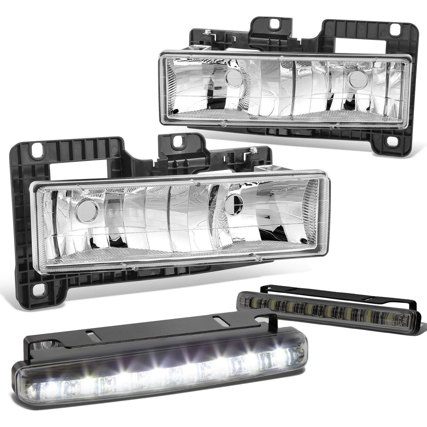 Chrome Crystal Clear Headlight + Corner + LED Fog Light Set for Chevy C10 C/K (1988–1998)
