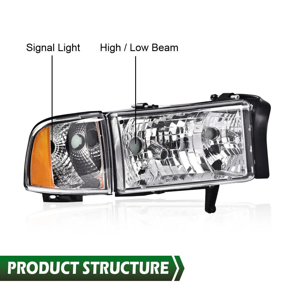 Chrome Amber Corner Headlight Assembly for Dodge Ram 1500 2500 3500 (1994–2002)