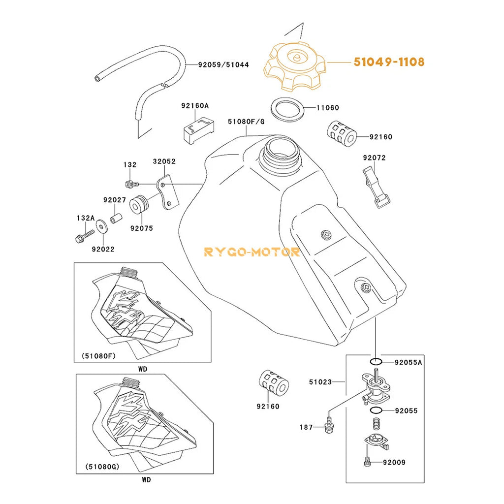 Gas Cap for Kawasaki KX 80 100 125 250 500 KDX 200 220 (1980–2000) 51049-1108