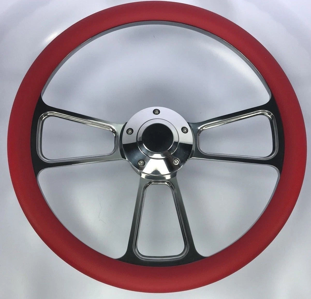 14 Inch Billet Steering Wheel Polished 5 Hole with Red Wrap for Universal