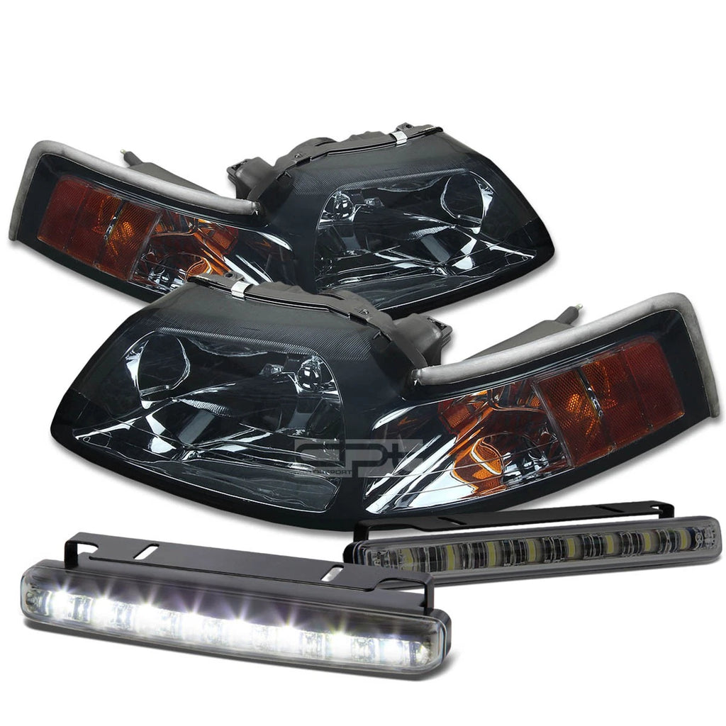 Smoked Housing Headlight + Amber Corner + LED Fog Light Kit for Ford Mustang (1999–2004)