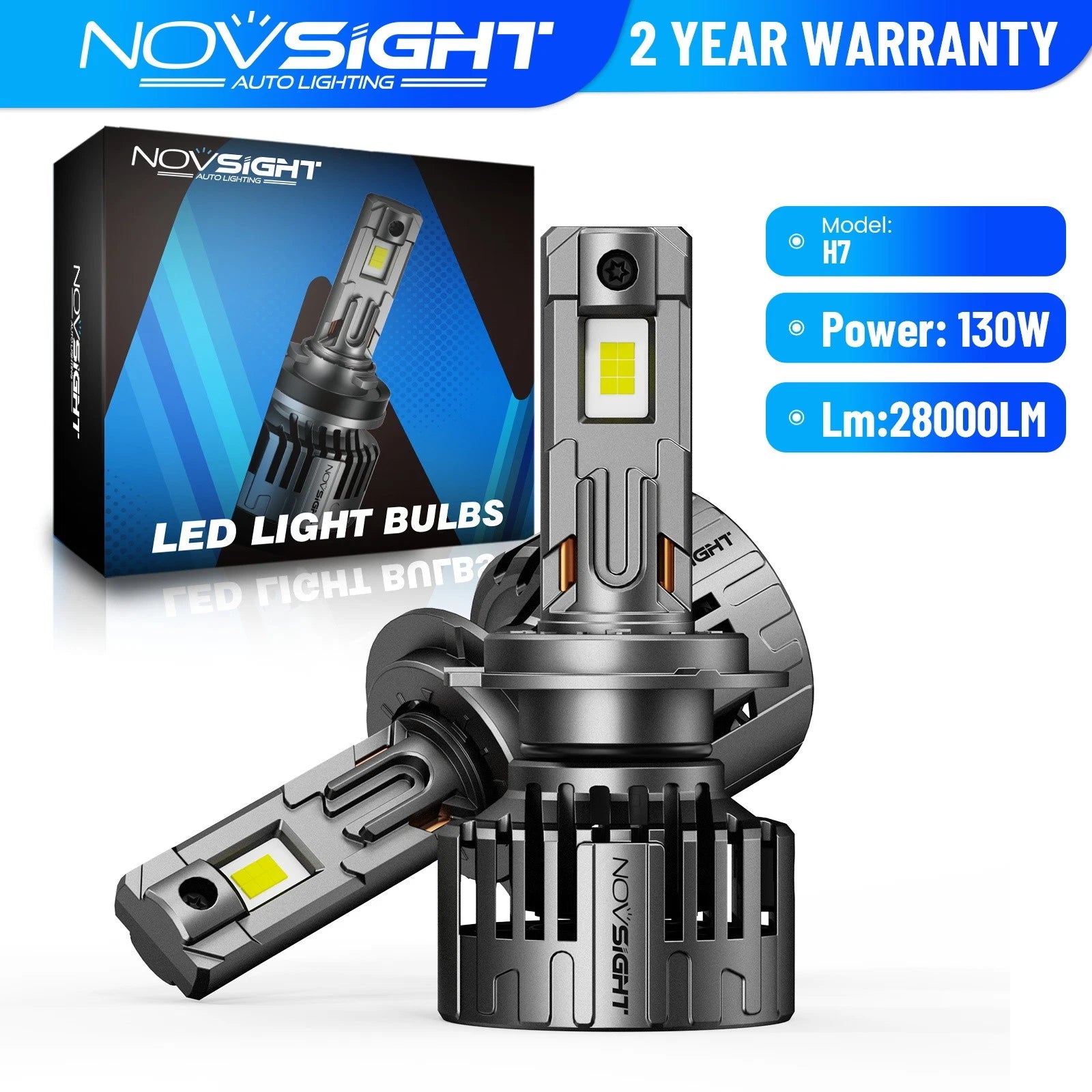 2X H7 LED Headlight Bulbs for NOVSIGHT (28000LM, 6500K)