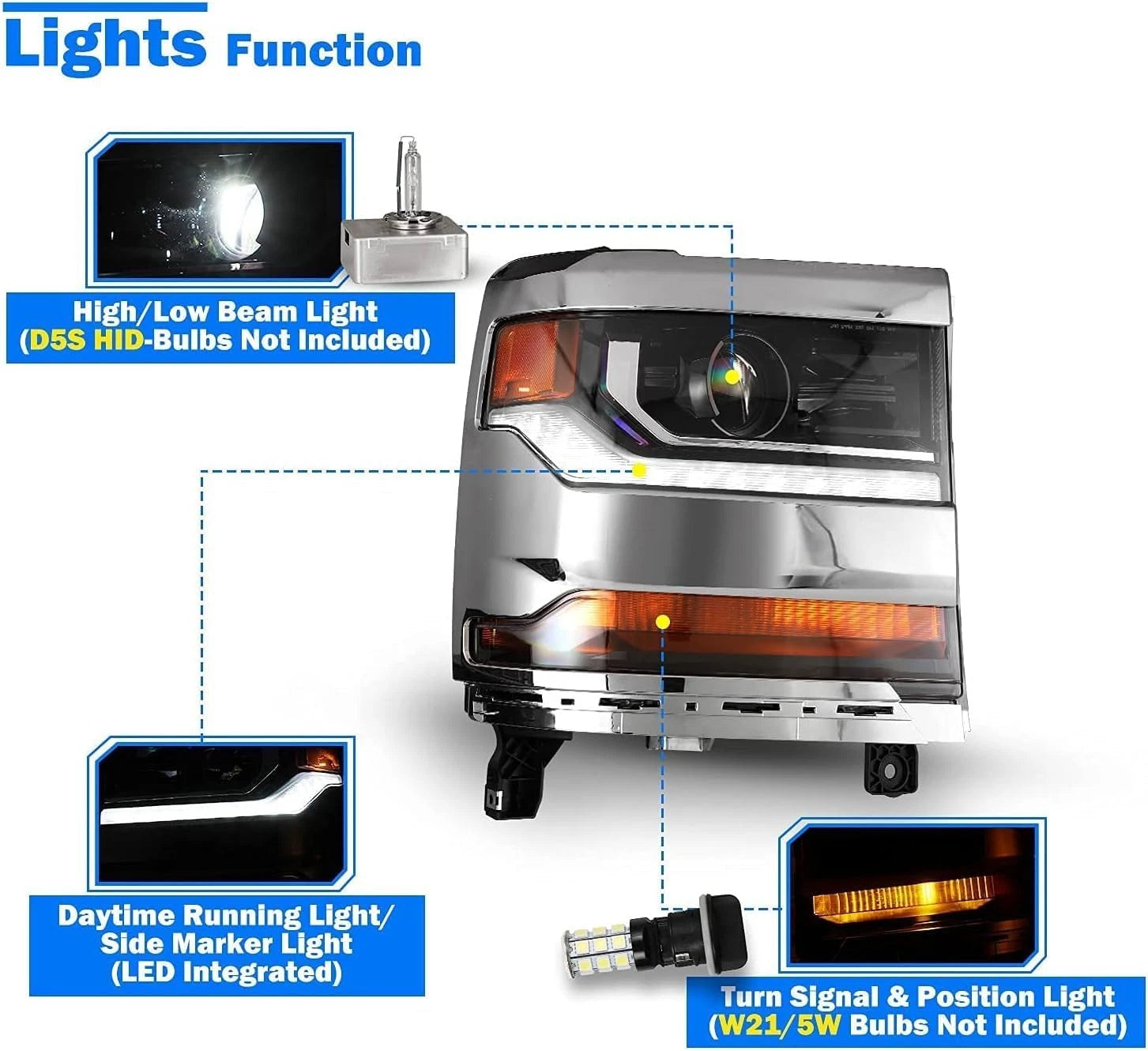 HID/Xenon Headlights for Chevy Silverado 1500 (2016–2018) w/ DRL Chrome