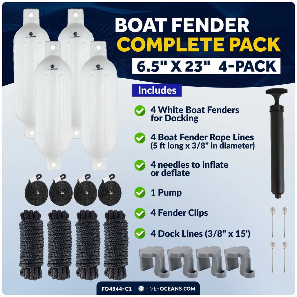 Set of 4 Boat Fenders 6.5"x23" with Dock Lines and Fender Clip