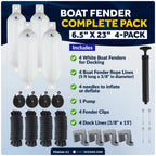 Set of 4 Boat Fenders 6.5"x23" with Dock Lines and Fender Clip