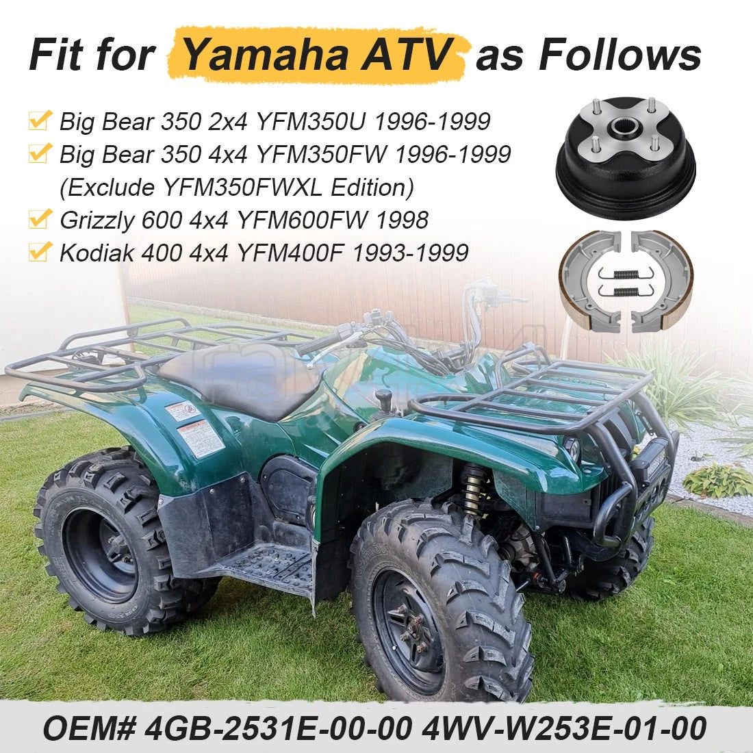 Rear Wheel Brake Drum w/Shoes Kit for Yamaha Kodiak 400 4x4 (1993–1999)